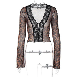 Long flared sleeve print lace hem button see through top