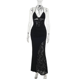 Lace v neck halter self tie ruched maxi dress