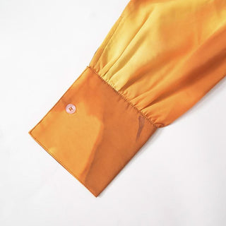 Button long sleeve ruched turnover collar print top