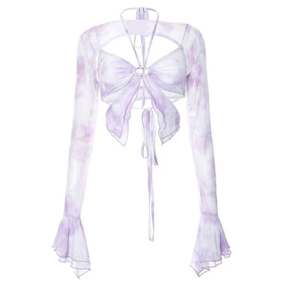 Long flared sleeve halter ruffle hollow out print cut out top