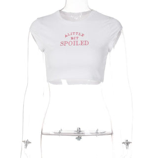 â€œSPOILEDâ€ embroidery contrast crewneck cap sleeve crop top