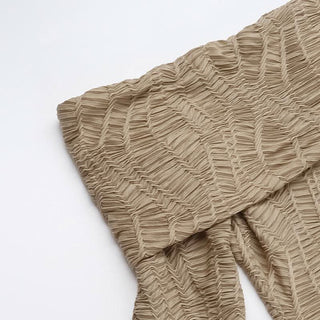 Off shoulder long flared sleeve slit textured midi dress