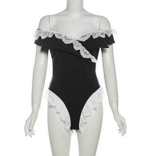 Off shoulder lace hem v neck zip-up bodysuit