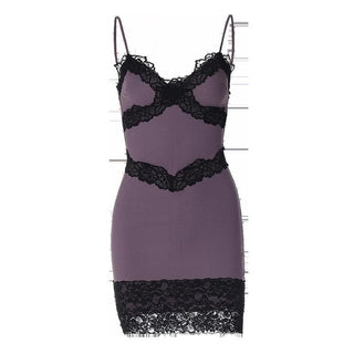 Lace hem patchwork v neck zip-up cami mini dress