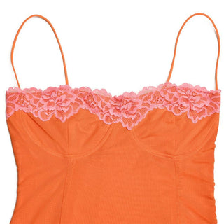 Lace hem patchwork mesh slit cami midi dress