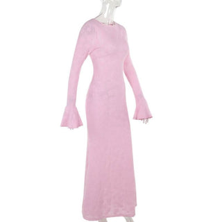 Crewneck long sleeve lace up flower pattern maxi dress-final-sale