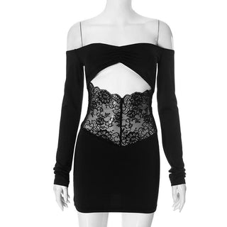 Off shoulder long sleeve hollow out lace cut out mini dress