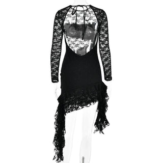 Lace backless solid ruffle long sleeve irregular mini dress - Final Sale