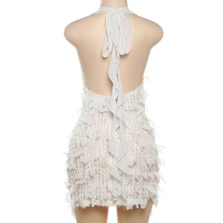 Deep V neck halter self tie backless zip-up mini dress