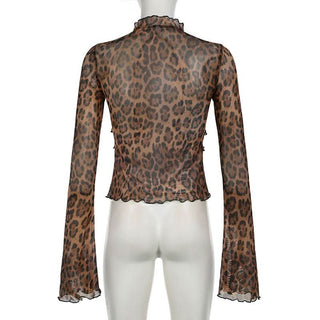Leopard print long flared sleeve mesh ruffle self tie top
