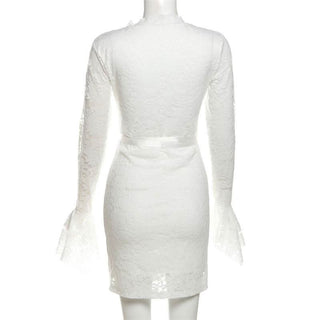 Long flared sleeve v neck lace self tie mini dress