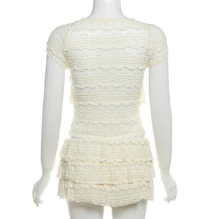 Crewneck cap sleeve textured ruched solid mini skirt set