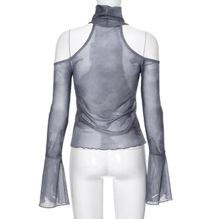 Long flared sleeve high neck sheer mesh print off shoulder top