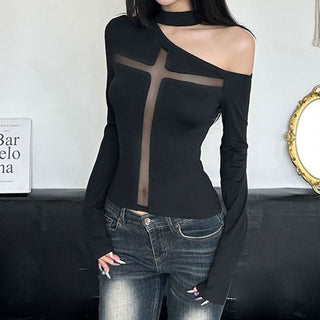 One shoulder long sleeve cross pattern mesh top