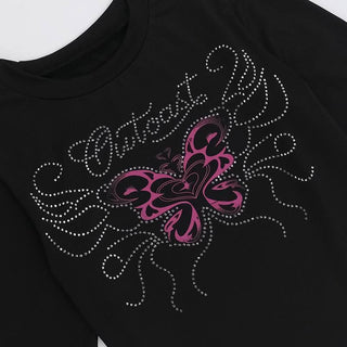 Long sleeve beaded butterfly pattern crewneck top