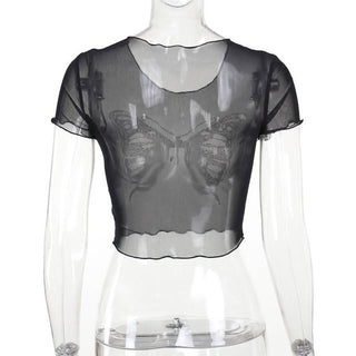 Round neck short sleeve butterfly pattern beaded crop top