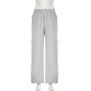 Lace hem bowknot medium rise pant
