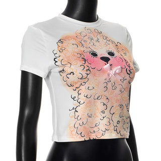 Short sleeve dog print bowknot crop top