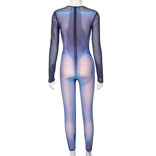 Long sleeve crewneck body print zip-up sheer mesh jumpsuit