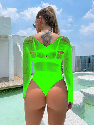 Long sleeve hollow out cross front net bodysuit