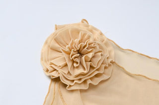 Ruffle sheer mesh see through flower applique ribbon sleeveless midi dress