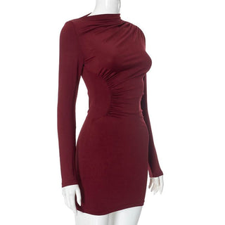 Long sleeve ruched irregular solid mini dress