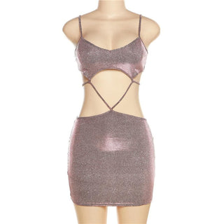 Low cut v neck textured hollow out self tie cami cut out mini dress