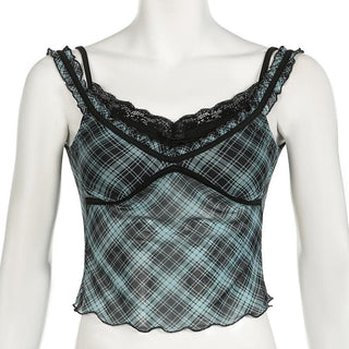 Plaid lace hem patchwork stitch mesh ruffle cami top
