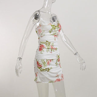 Cowl neck sheer mesh flower print ruffle cami mini dress