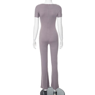 Short sleeve square neck zip-up solid jumpsuit