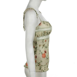 Lace hem flower print ruffle cami top