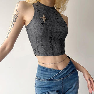 Sleeveless textured star applique hollow out solid crop cut out top