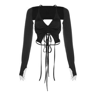 Long sleeves V neck halter ruched solid 2 piece top