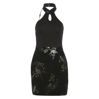 Halter print backless beaded button mini dress