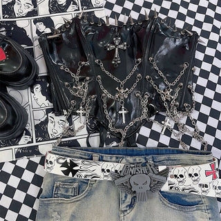 Zip-up metal chain cross applique PU leather lace up top