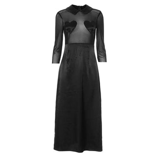 Turnover collar long sleeve sweetheart pattern mesh maxi dress