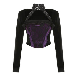 Halter long sleeve velvet lace hem 2 piece top