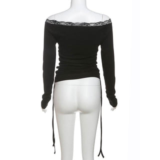 Long sleeve off shoulder lace hem print self tie top