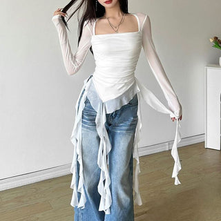 Long sleeve square neck irregular ruched mesh top