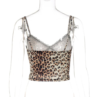 V neck lace hem leopard print backless cami top