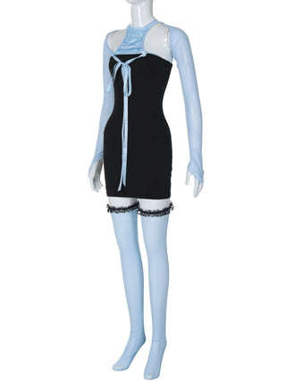 Shrug mesh long sleeve button 3 piece mini dress