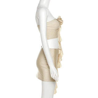 Flower applique solid ruffle irregular backless tube mini skirt set