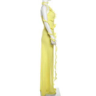 One shoulder ruffle irregular high slit maxi dress