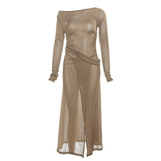 Off shoulder see through long sleeve irregular slit midi dress