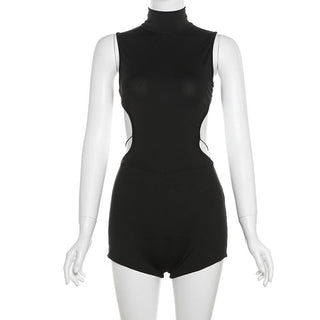 Sleeveless high neck button backless romper