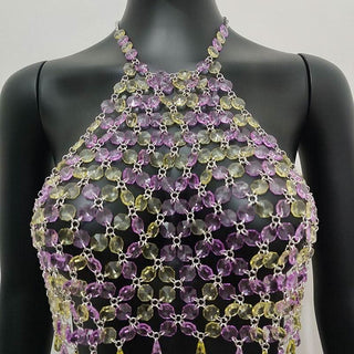Halter hollow out crystal beaded crop cut out top