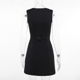 Button crewneck solid o ring tank mini dress