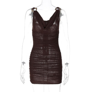 Cowl neck ruched o ring sheer mesh bowknot ribbon backless cami mini dress