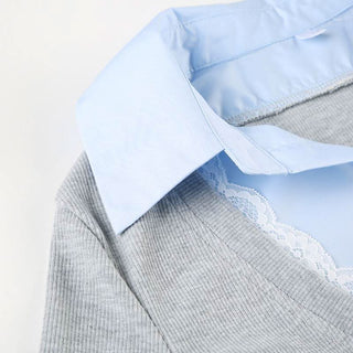 Turnover collar patchwork long sleeve lace hem knitted top