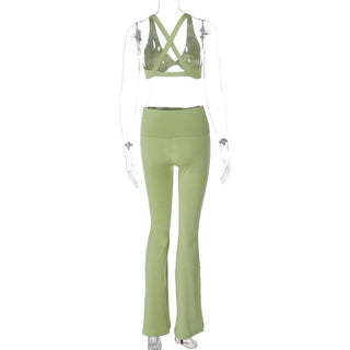 Halter v neck ruched crop cross back pant set